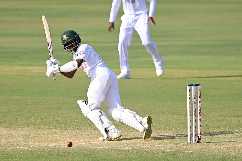 Mahmudul Hasan Joy plays a shot on Day 2 of the first Test against Sri Lanka at the Zahur Ahmed Chowdhury Stadium in Chattogram on 16 May, 2022