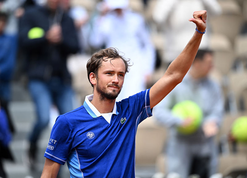 Russia's Daniil Medvedev celebrates winning his first round match against Argentina's Facundo Bagnis on 24 May, 2022