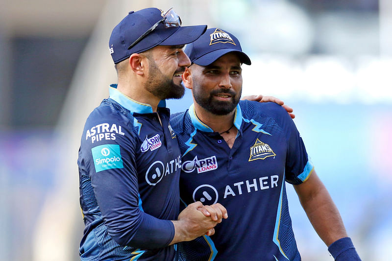 Gujarat Titans Rashid Khan and Mohammad Shami during the Indian Premier League 2022 match between Chennai Super Kings and Gujarat Titans, at Wankhede Stadium in Mumbai on 15 May, 2022