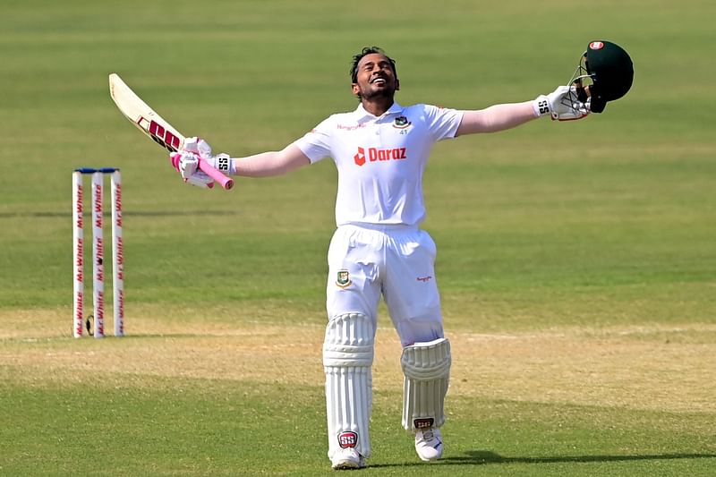 Mushfiqur Rahim celebrates after bringing up his eighth Test century