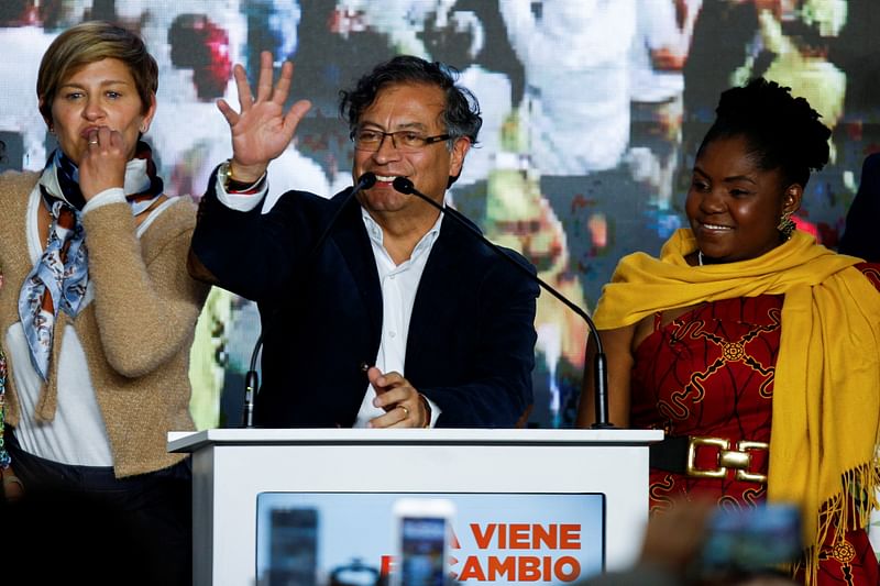 Colombian left-wing presidential candidate Gustavo Petro of the Historic Pact coalition and vice-presidential candidate Francia Marquez react after Petro came out on top in the first round of the presidential election in Bogota, Colombia on 29 May, 2022