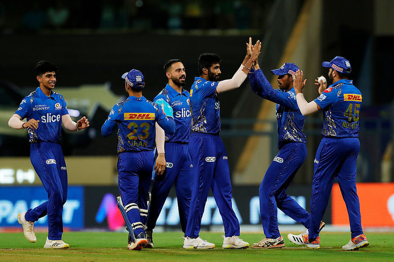 Mumbai Indians Jasprit Bumrah celebrates a dismissal during their Indian Premier League 2022 match against Chennai Super Kings at the Wankhede Stadium in Mumbai on 12 May, 2022.