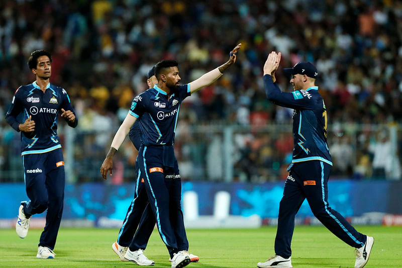 Gujarat Titans Hardik Pandya celebrates the dismissal of Rajasthan Royals Devdutt Padikkal during the Qualifier 1 match of the Indian Premier League between Gujarat Titans and Rajasthan Royals, at Eden Gardens in Kolkata on 24 May, 2022