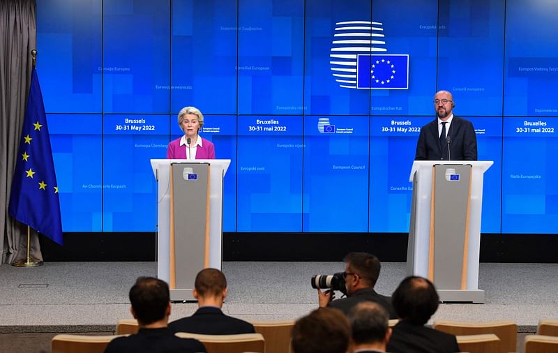 European Commission President Ursula von der Leyen (L) and President of the European Council Charles Michel give joint press during a special meeting of the European Council at The European Council Building in Brussels on 31 May, 2022