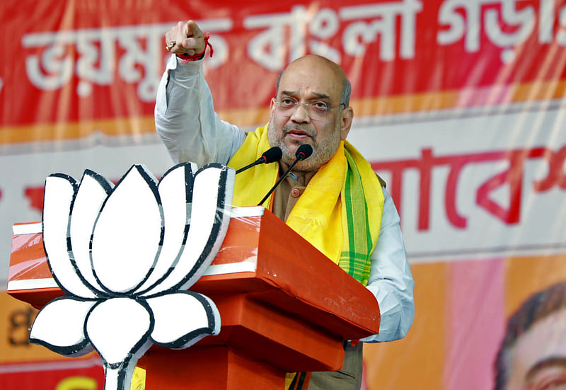 Indian Home Minister Amit Shah addresses a public rally, in Siliguri on 5 May 2022