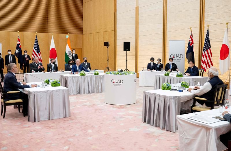 US President Joe Biden (C), Japanese Prime Minister Kishida Fumio (2nd-R), Indian Prime Minister Narendra Modi (R) and Australian Prime Minister Anthony Albanese (L) hold a meeting during the Quad Leaders Summit at Kantei in Tokyo on 24 May, 2022