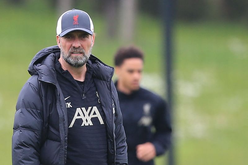 Liverpool's German manager Jurgen Klopp leads Liverpool's training session at their training ground, in Liverpool, north west England, on 2 May 2022, on the eve of their UEFA Champions League semi-final second leg football match against Villareal