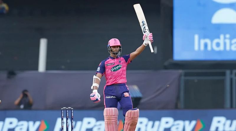 Rajasthan Royals' Yashasvi Jaiswal celebrates after completing his maiden IPL half century during a match against Punjab Kings