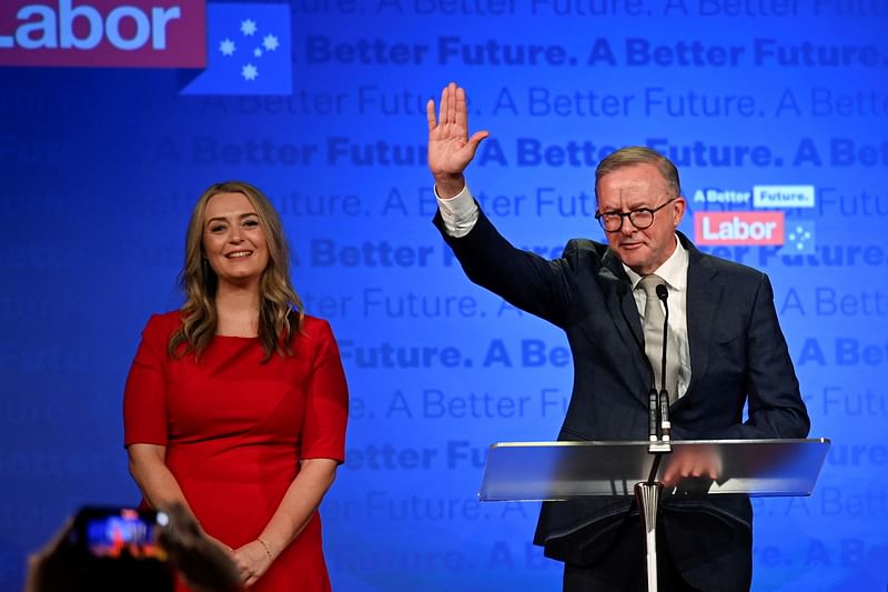 Anthony Albanese, leader of Australia's Labor Party is accompanied by his partner Jodie Haydon while he addresses his supporters after incumbent Prime Minister and Liberal Party leader Scott Morrison conceded defeat in the country's general election in Sydney, Australia on 21 May, 2022