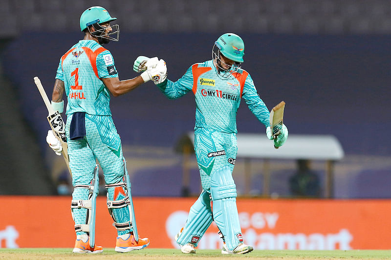 Lucknow Super Giants Quinton de Kock and KL Rahul during the Indian Premier League 2022 match between Kolkata Knight Riders and Lucknow Super Giants, at Dr DY Patil Sports Academy in Mumbai on  18 May, 2022