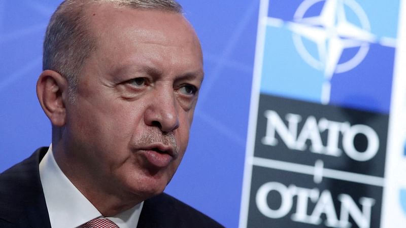 Turkey's President Tayyip Erdogan holds a news conference during the NATO summit at the Alliance's headquarters in Brussels, Belgium on 14 June 2021