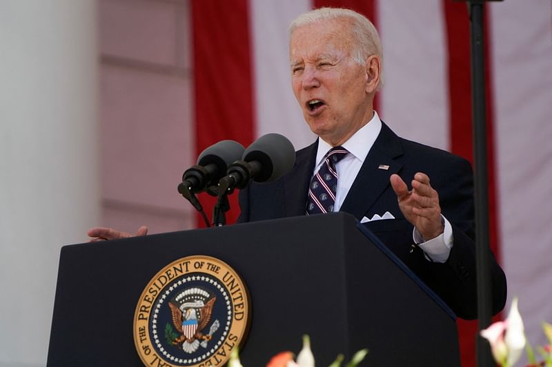 US president Joe Biden speaks during the 154th National Memorial Day Wreath-Laying and Observance ceremony to honor America's fallen, at Arlington National Cemetery in Arlington, US on 30 May, 2022