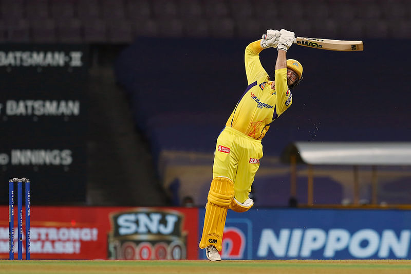 Chennai Super Kings Devon Conway plays a shot during the Indian Premier League 2022 match between Chennai Super Kings and Delhi Capitals, at DY Patil Stadium, in Mumbai on 8 May 2022