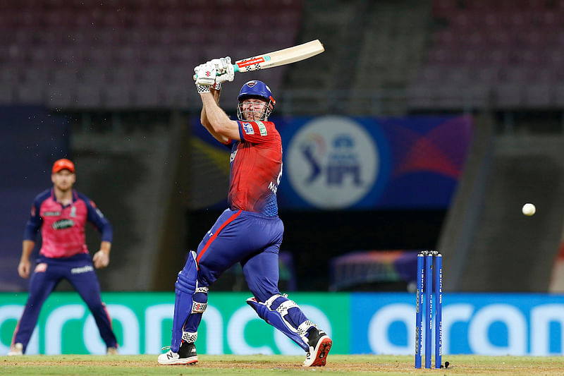 Delhi Capitals Mitchell Marsh plays a shot during the Indian Premier League 2022 match between Rajasthan Royals and Delhi Capitals, at Dr DY Patil Sports Academy in Mumbai on 11 May, 2022