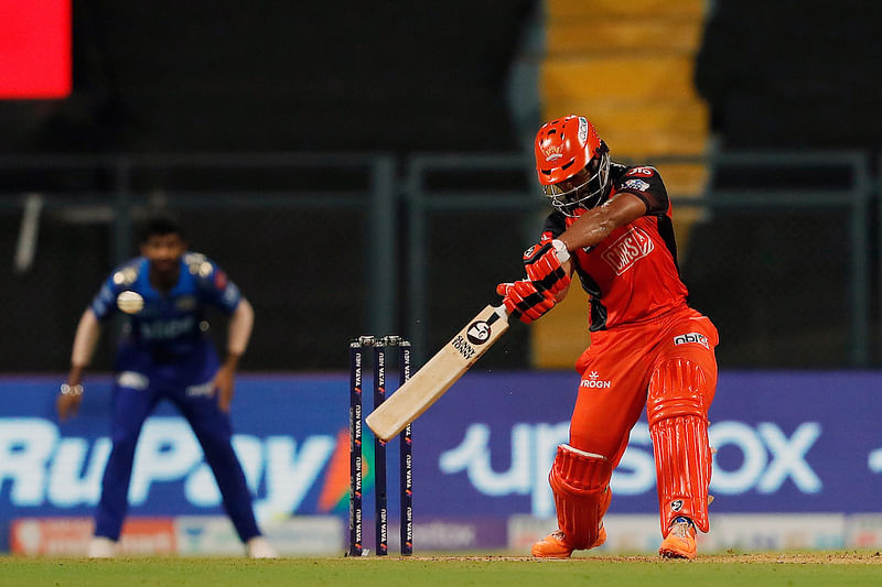 Sunrisers Hyderabad Rahul Tripathi plays a shot during the Indian Premier League 2022 match between Mumbai Indians and Sunrisers Hyderabad, at Wankhede Stadium in Mumbai on 17 May, 2022