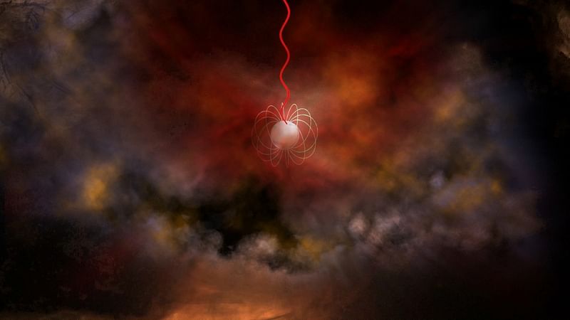 An artist's conception of a neutron star with an ultra-strong magnetic field, called a magnetar, emitting radio waves (red). Magnetars are a leading candidate for what generates phenomena called fast radio bursts.