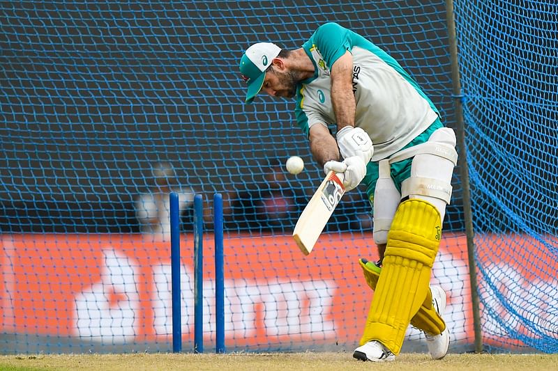 Australia's Glenn Maxwell bats during a practice session at the R. Premadasa Stadium in Colombo on 6 June, 2022