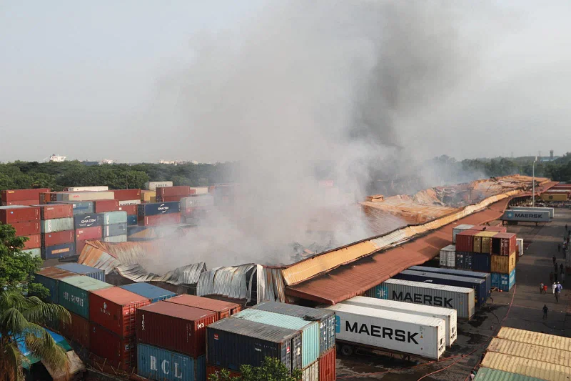 Smoke is seen emitting from the container depot in Sitakunda, Chattogram on 6 May morning