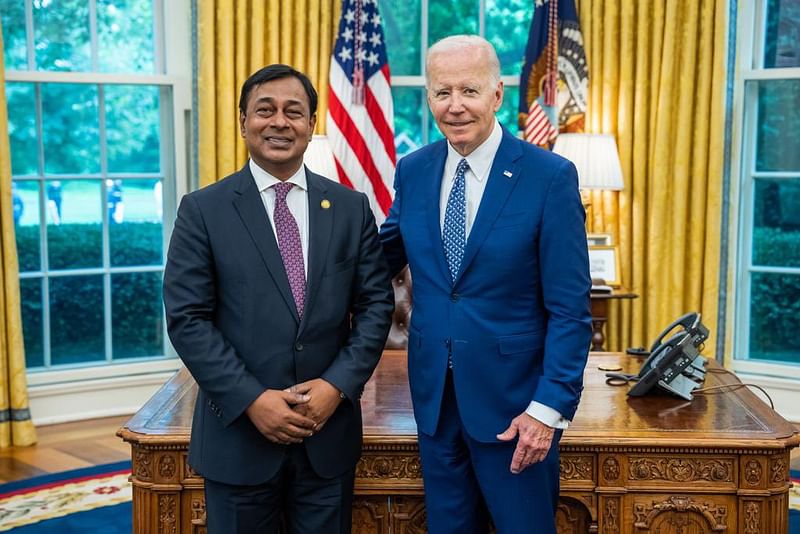 Bangladesh ambassador to the United States M Shahidul Islam and US president Joe Biden at the White House