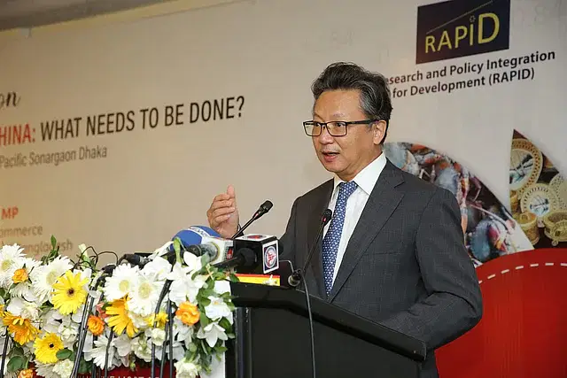 Li Jiming is addressing a seminar on ‘Making the Most of Market Access in China: What Needs to be Done?’ jointly organised by Bangladesh China Chamber of Commerce and Industry (BCCCI) and Research and Policy Integration for Development (RAPID) at Pan Pacific Sonargaon in Dhaka on Wednesday.