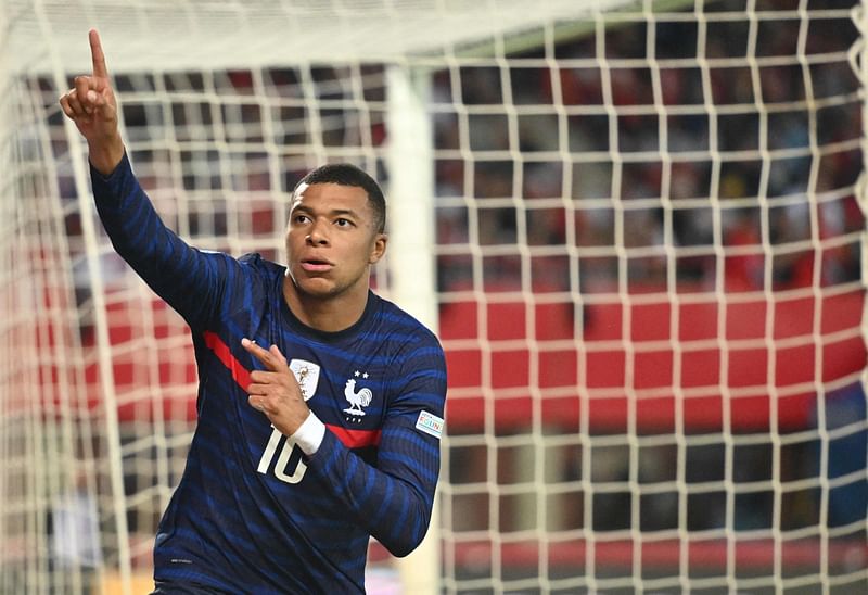 Kylian Mbappe celebrates after scoring against Austria