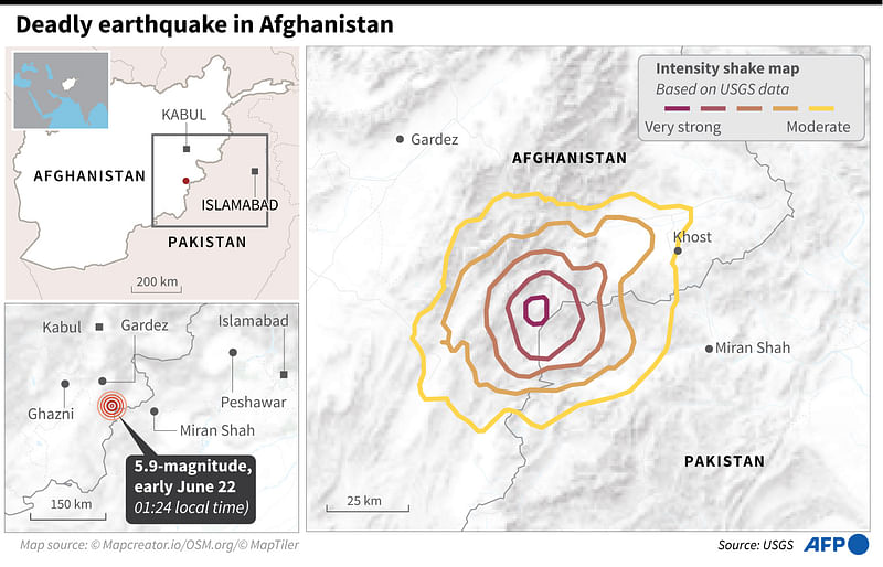 Map showing the intensity impact of the 5.9-magnitifude quake in Afghanistan that hit in the early hours of 22 June 22.