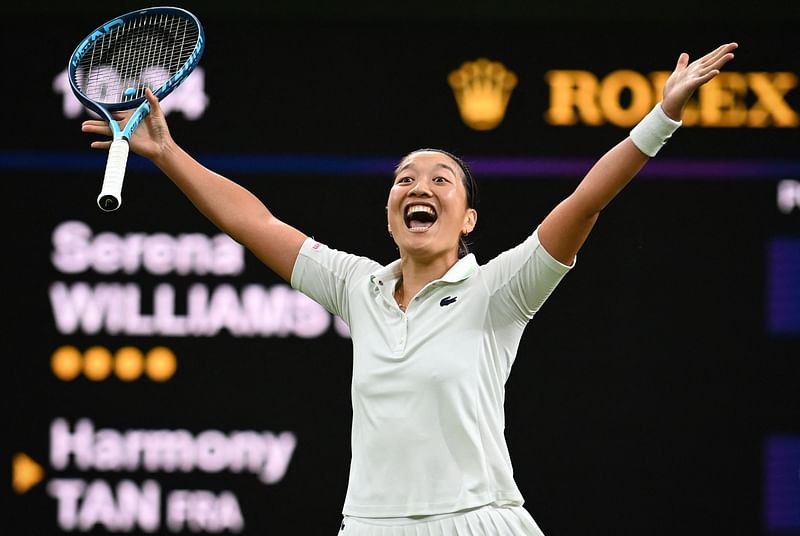 France's Harmony Tan celebrates winning against US player Serena Williams at the end of their women's singles tennis match on the second day of the 2022 Wimbledon Championships at The All England Tennis Club in Wimbledon, southwest London, on 28 June, 2022