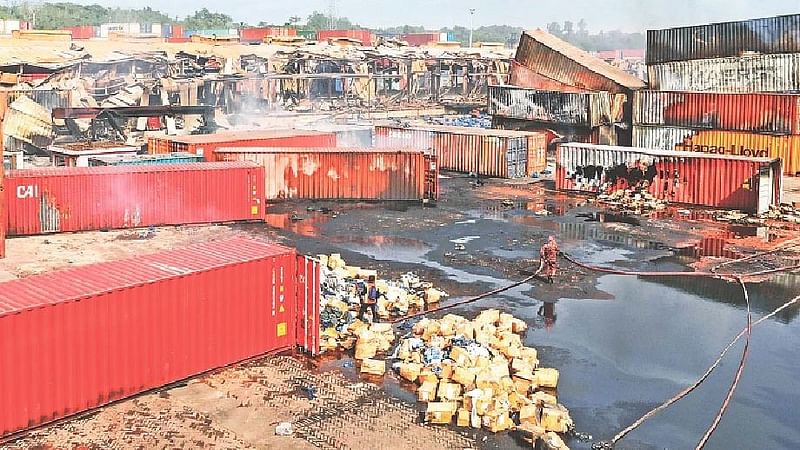 Garment products strewn here and there at the BM Container Depot in Sitakunda after the explosion. The photo was taken on 6 May 2022