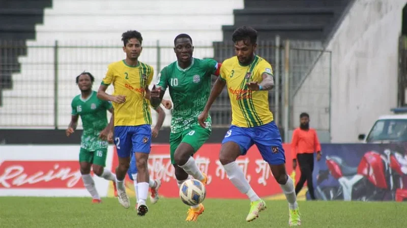 Action from the Bangladesh Premier League football match between Mohammedan Sporting Club and Sheikh Jamal Dhanmondi Club Shaheed Dhirendranath Datta Stadium in Cumilla on Monday