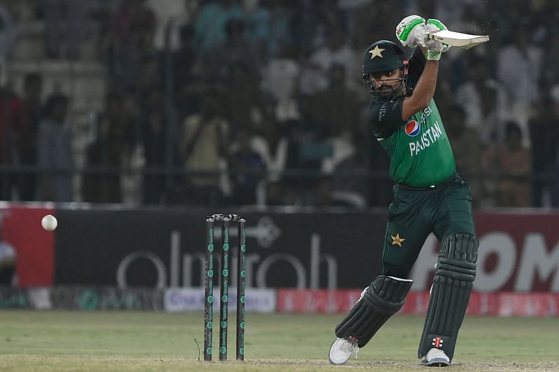 Pakistan's captain Babar Azam plays a shot during the first one-day international (ODI) cricket match between Pakistan and West Indies at the Multan Cricket Stadium in Multan on 8 June, 2022