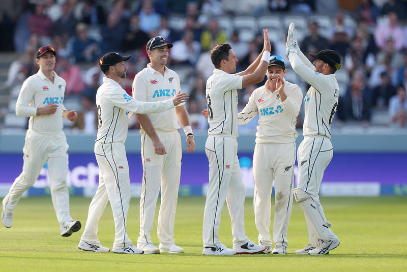 New Zealand’s Tim Southee celebrates with teammates after taking the wicket of England’s Matthew Potts in the First Test between England and New Zealand at Lord’s Cricket Ground, London, Britain on 2 June 2022