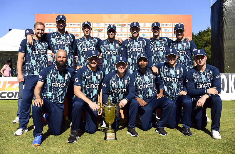 England players celebrate winning with the trophy after the third ODI against the Netherlands at the VRA Cricket Amsterdam, Netherlands on 22 June, 2022