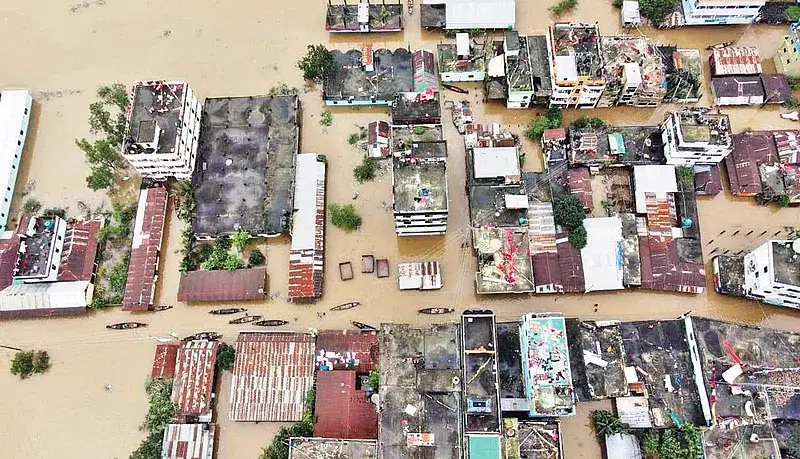 Thousands of people in Sylhet and Sunamganj have become stranded in floods. Although water recedes in places, people are struggling with acute crisis of food and drinking water. This picture is taken from Thana Bazar, Companiganj, Sylhet on 19 June 2022