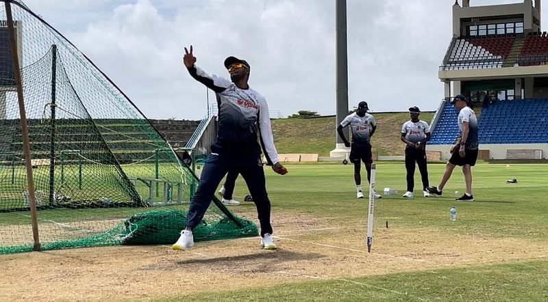 Shakib Al Hasan bowls during a practice session at the Sir Vivian Richards Stadium in Antigua on 14 June, 2022