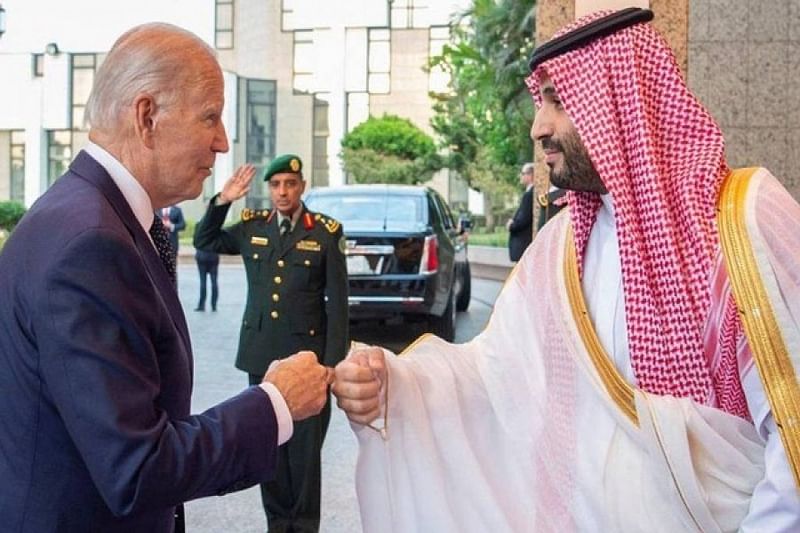 Saudi Crown Prince Mohammed bin Salman fist bumps US President Joe Biden upon his arrival at Al Salman Palace, in Jeddah, Saudi Arabia on 15 July, 2022..