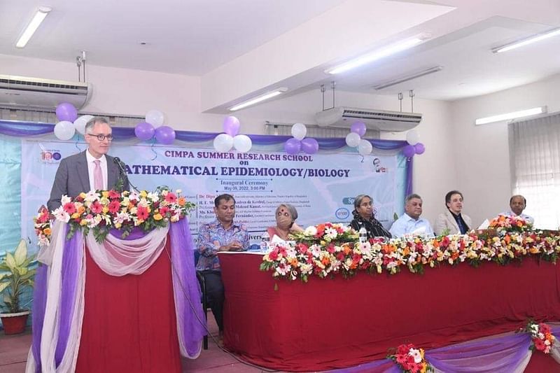 French Chargé d’Affaires Guillaume Audren de Kerdrel speaks at the opening ceremony of the second edition of CIMPA Research School at Dhaka University in the presence of education minister Dipu Moni