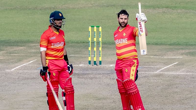 A Zimbabwe batsman celebrates his half century in the third ODI at Harare Sports Club ground on 20 July 2021