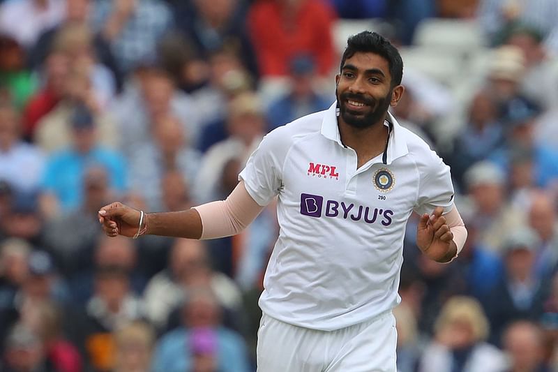 India's Jasprit Bumrah reacts after taking the wicket of England's Zak Crawley during play on Day 2 of the fifth cricket Test match between England and India at Edgbaston, Birmingham in central England on 2 July, 2022