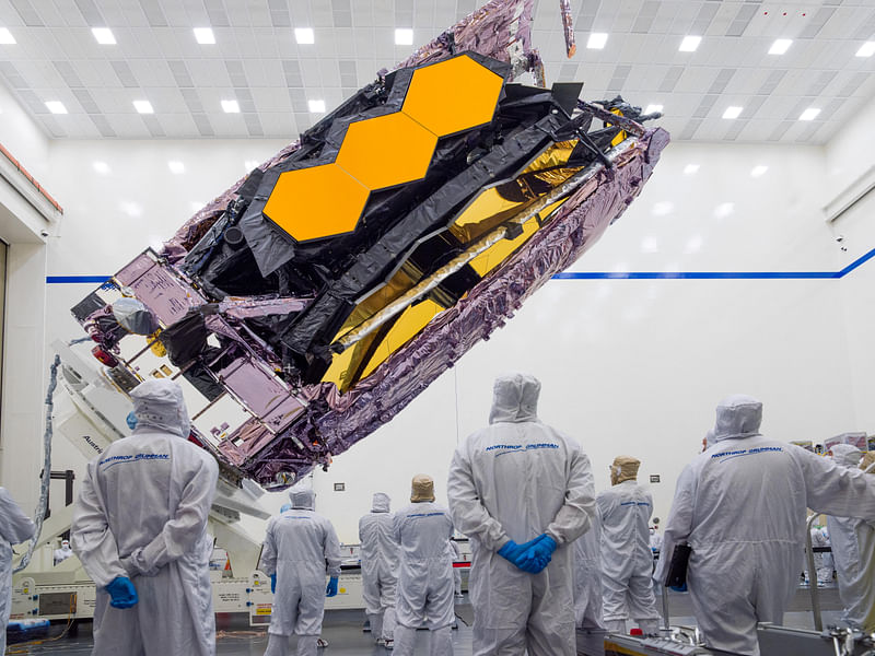 The James Webb Space Telescope is packed up for shipment to its launch site in Kourou, French Guiana in an undated photograph at Northrop Grumman's Space Park in Redondo Beach, California