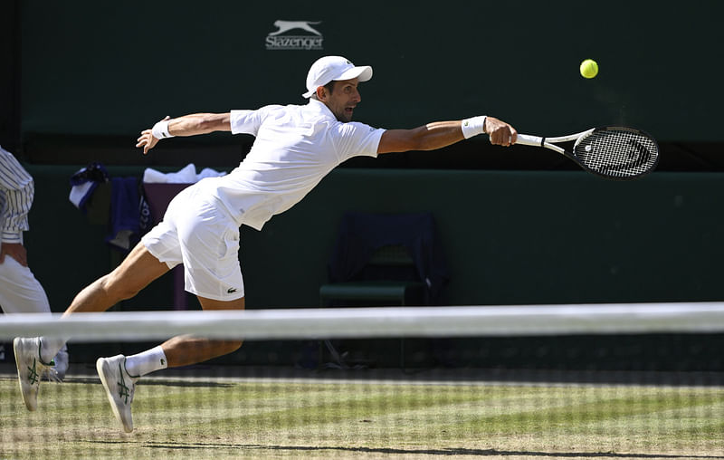 Serbia's Novak Djokovic in action during the men's singles final against Australia's Nick Kyrgios at the All England Lawn Tennis and Croquet Club, London, Britain on 10 July, 2022