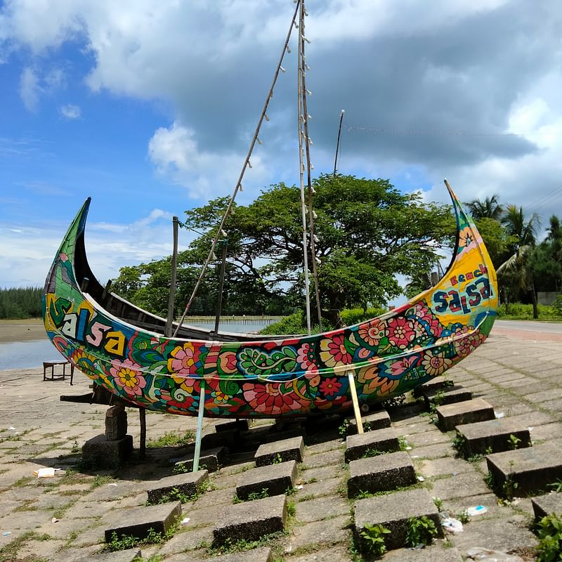 Colourful boat on display at Salsa beach point, Cox's Bazar