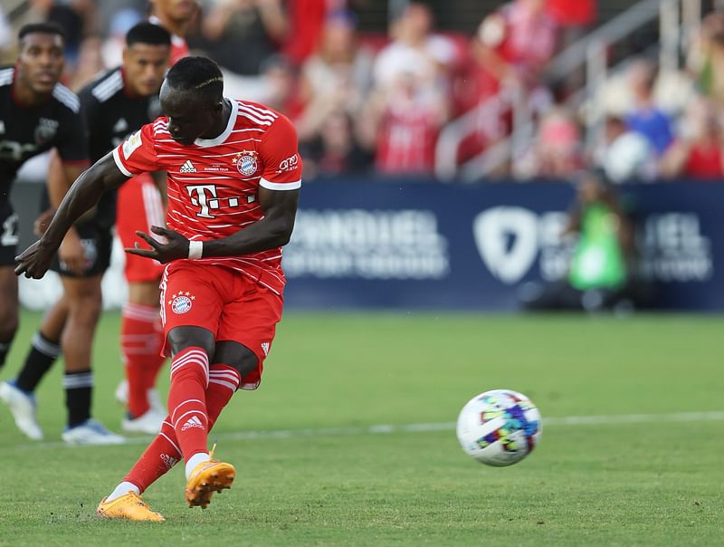 Sadio Mane of Bayern Munich scores their side's first goal from the penalty spot during the pre-season friendly match between DC United and Bayern Munich at Audi Field on 20 July, 2022 in Washington, DC