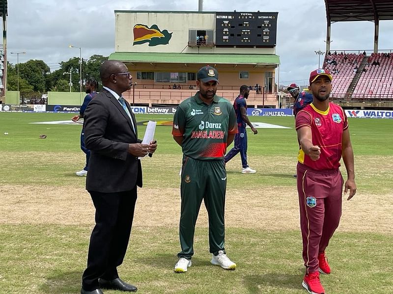 Bangladesh captain Tamim Iqbal opted to bowl first after winning the toss in the opening game of the three-match ODI series against West Indies at Providence Stadium in Guyana on Sunday