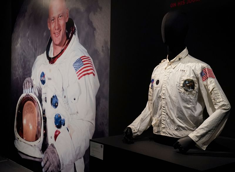 Buzz Aldrin's Inflight Coverall Jacket, worn by him on his Apollo 11 mission to the Moon is on display 22 July, 2022 during a media preview at Sotheby’s in New York