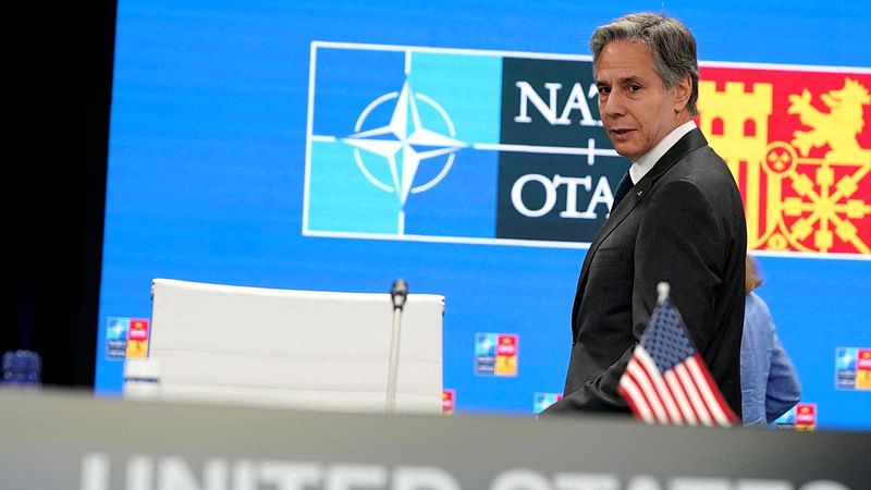 U.S. Secretary of State Antony Blinken arrives for a round table meeting at the NATO summit in Madrid, Spain on 29 June 2022