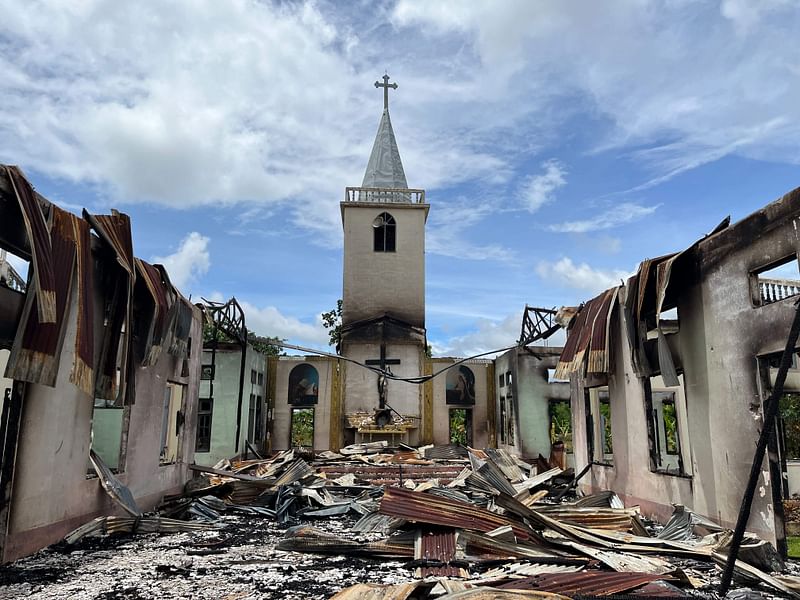 This handout photo from Amnesty International taken between 27 June and 4 July 2022 and released on July 20 shows a Christian church destroyed after being landmined and burned down by the Myanmar military, according to the rights group, in Daw Ngay Ku village in Hparuso township, in eastern Myanmar's Kayah state.