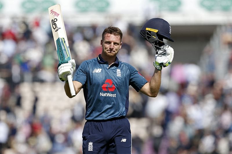 In this file photo taken on 11 May, 2019 England's Jos Buttler reacts as he leaves after his Innings of 110 not out during the second One Day International (ODI) between England and Pakistan at The Ageas Bowl in Southampton