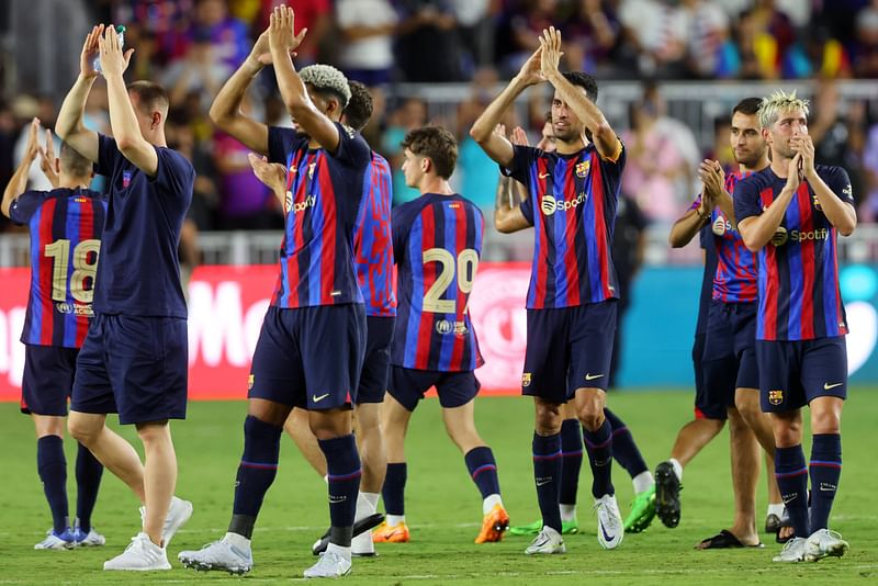 FC Barcelona players react towards fans after a preseason friendly against Inter Miami CF at DRV PNK Stadium on 19 July, 2022 in Fort Lauderdale, Florida