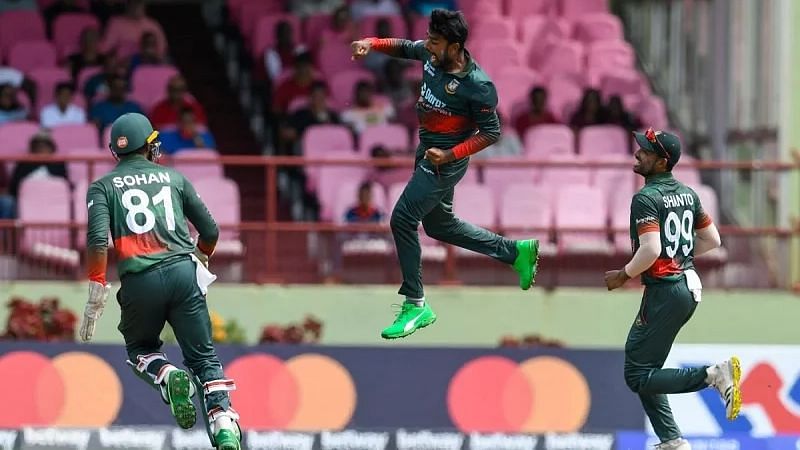 Mehidy Hasan Miraz celebrates a wicket in the first ODI