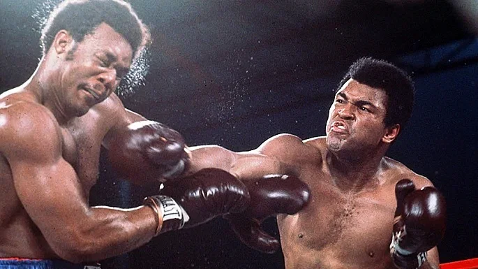 An action from the famous boxing match between Mohammad Ali and George Foreman in Congo on 30 October, 1974